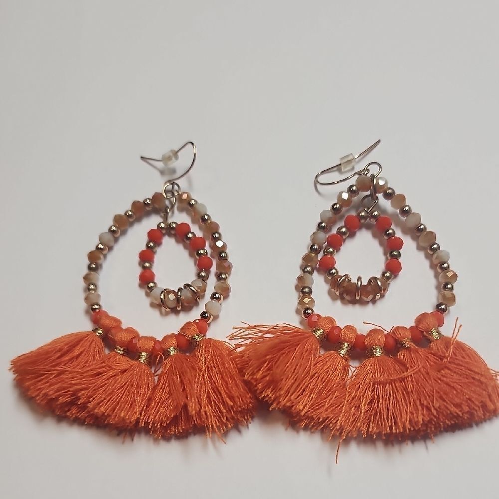 Orange Tassel Beaded Earrings